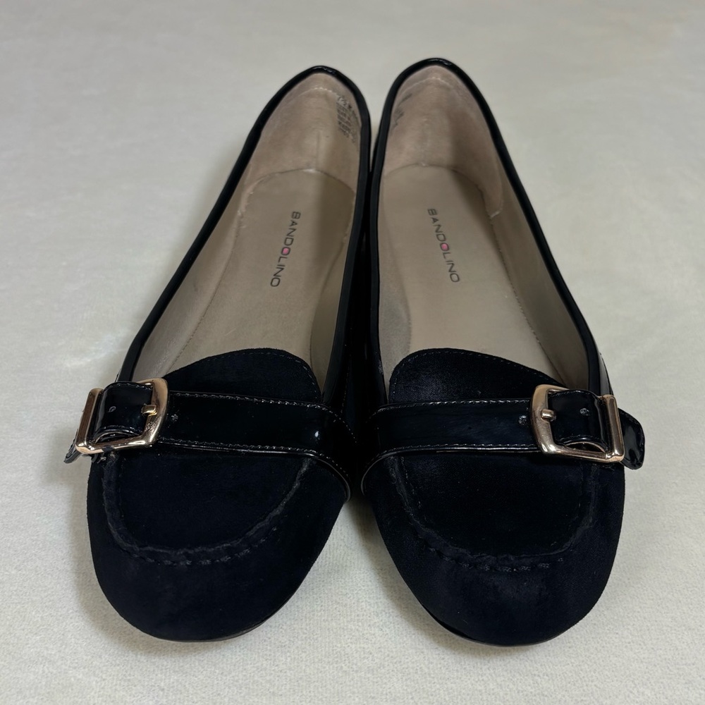 Bandolino Women’s Classic Black Suede Loafers with Gold Buckle